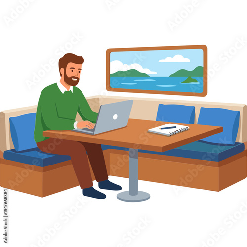 Man sitting at table with laptop in office cafeteria with landscape on screen