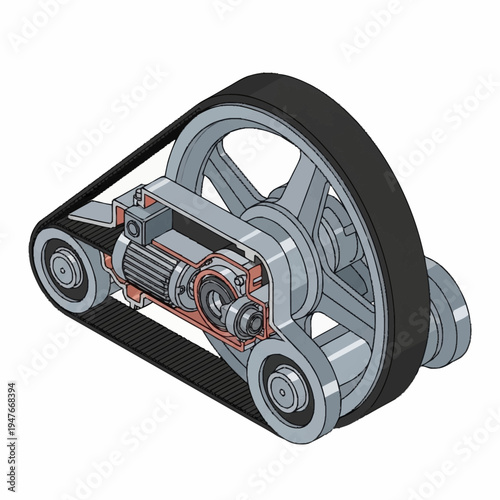 Detailed cutaway illustration of a belt drive system with visible internal components.