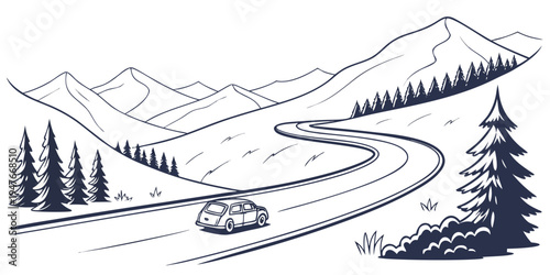 A winding road through a snowy mountain landscape Vector