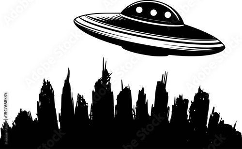 Black silhouette of a flying saucer hovering over a sketchy cityscape at night alien