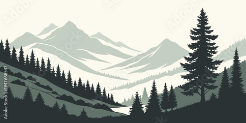 A scenic mountain landscape with pine trees Vector