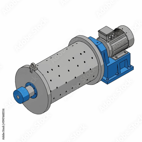 3D rendering of a ball mill, a type of grinder used to grind materials.