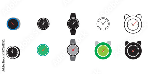 Modern Clock and Alarm Icon Set in Multiple Styles