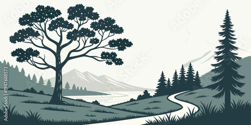 A serene landscape with a winding path and trees Vector