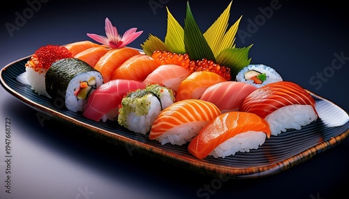 assorted sushi pieces beautifully arranged on a plate culinary art