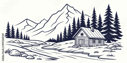 A small house in a snowy landscape with mountains Vector