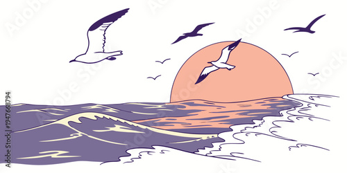 Seagulls flying over ocean waves at sunset Vector
