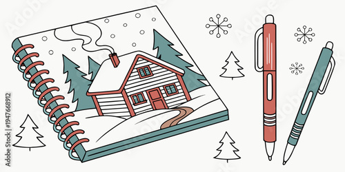 A notebook with a house and trees on the cover Vector