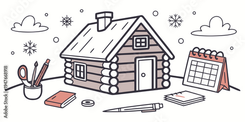 A small log cabin with a calendar and office supplies Vector