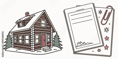 A brown wooden house with a snow covered roof and a piece of paper with a paperclip Vector