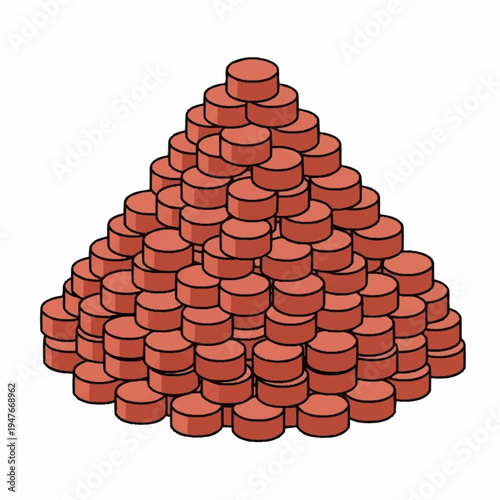 Illustration of a large pile of round, red-brown objects stacked in a pyramid shape.