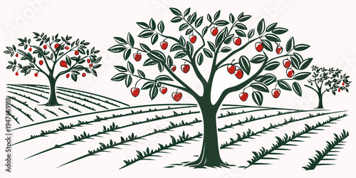 An apple tree in a field with ripe red apples Vector