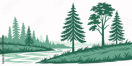 A serene landscape with trees and a body of water Vector