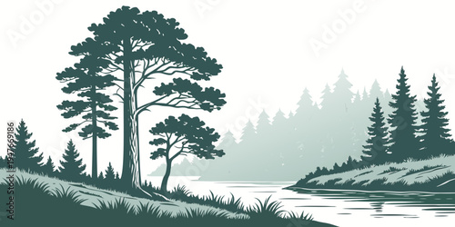 A serene landscape with trees and a body of water Vector