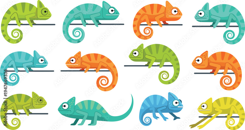Obraz premium Chameleon Vector Illustration Set Featuring Colorful Tree Lizards with Curled Tails in Different Crawling Poses for Tropical Wildlife Graphics and Nature Designs.