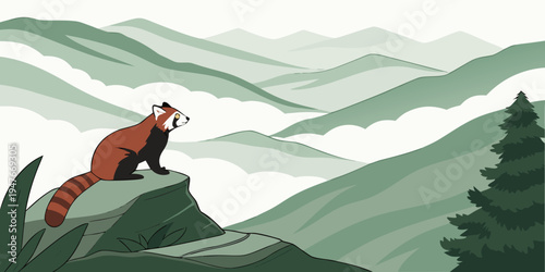 A red panda standing on a hill looking out Vector