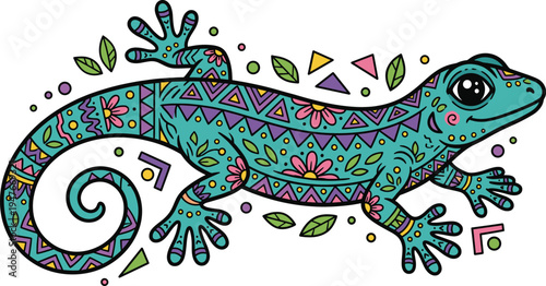 Colorful gecko lizard illustration, decorative tribal pattern reptile art with floral elements, vibrant vector design isolated on white background
