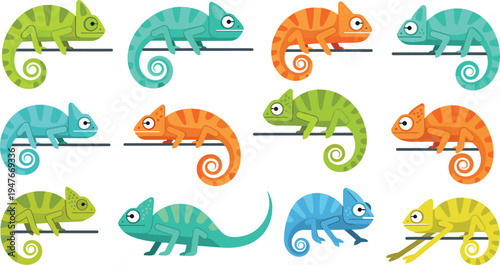 Chameleon Vector Illustration Set Featuring Colorful Tree Lizards with Curled Tails in Different Crawling Poses for Tropical Wildlife Graphics and Nature Designs.