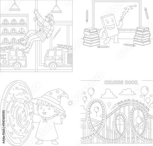 Fun kids coloring pages: firefighter, school chalkboard, wizard magic, and roller coaster park, coloring book, amusement park