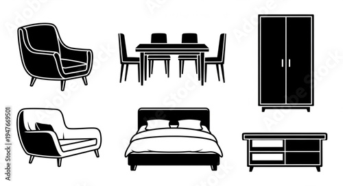 Collection of Furniture Silhouettes for Home Interior Design.