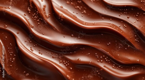 glossy molten chocolate waves with glistening droplets, smooth silky texture and tiny shimmering crystals, decadent indulgent close-up evoking warmth and temptation