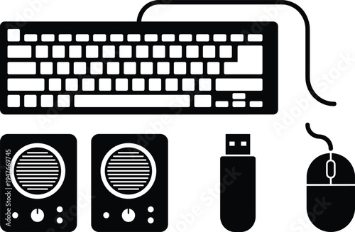 Computer accessories silhouette set isolated on white background, keyboard mouse speakers USB flash drive icon collection, desktop hardware technology illustration