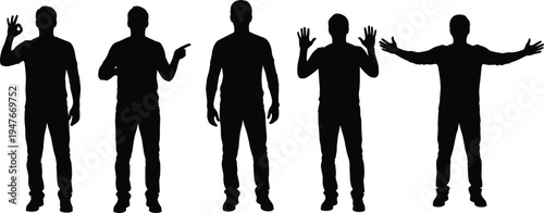 man silhouette poses, standing male figures, gesture expressions collection, body language concept, male people silhouettes, communication gestures isolated