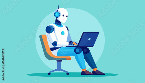 A robot wearing headphones sitting on an office chair and working on a laptop.