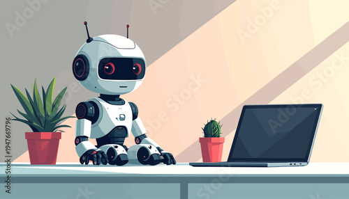 A cute white robot with red eyes sits at a desk next to a laptop and two potted plants, bathed in soft sunlight.