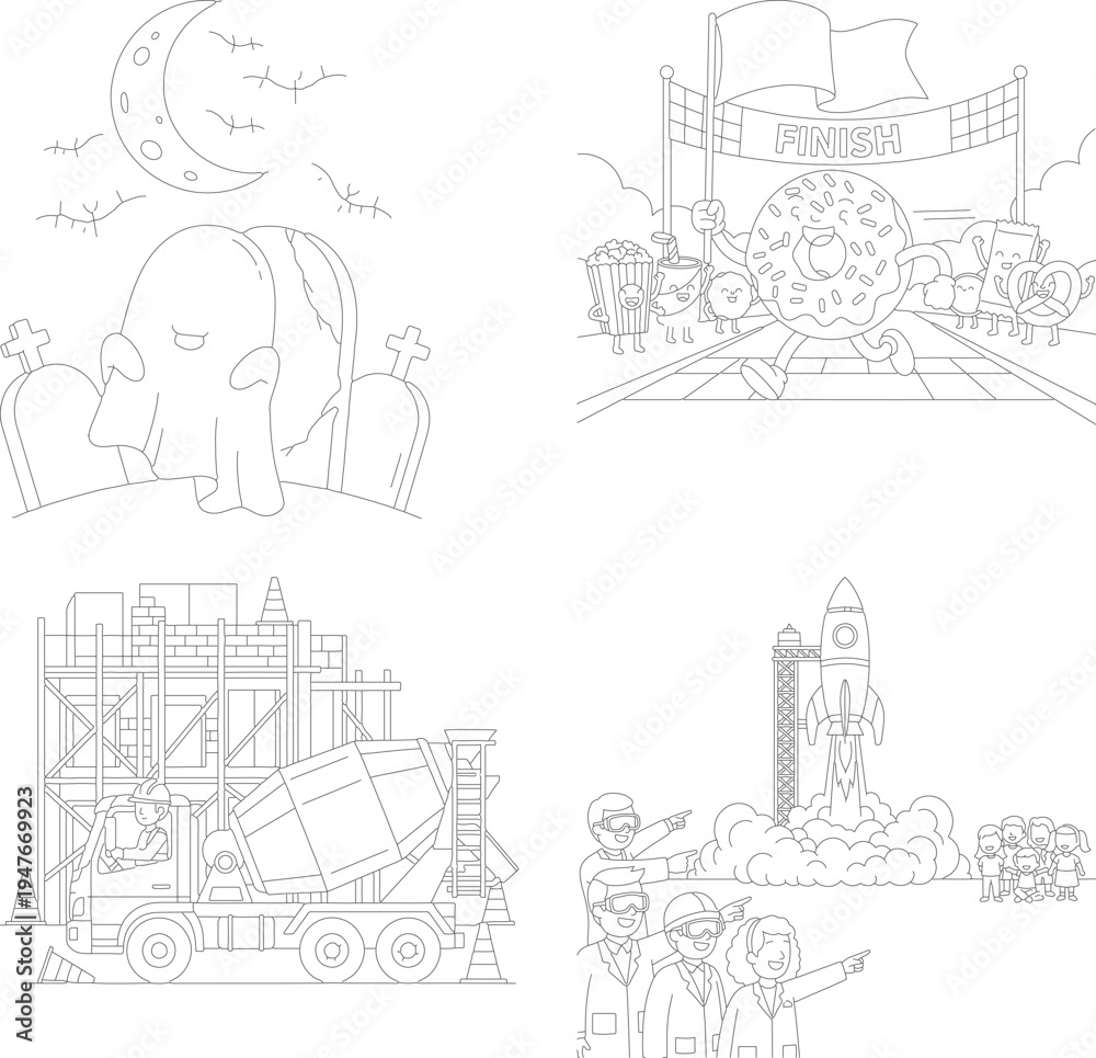 Fototapeta premium Diverse coloring book fun: halloween night, race track, construction site, and rocket launch, concrete mixer, race car