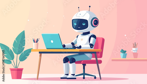 A friendly white robot with blue eyes sits at a wooden desk, diligently working on a laptop in a cozy, pastel-colored office setting.
