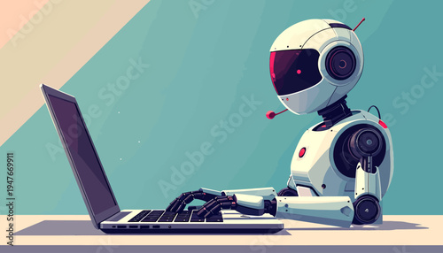 Advanced AI robot diligently working on a laptop, symbolizing the innovative future of automation, digital intelligence, and the evolving landscape of human-machine collaboration in the workplace