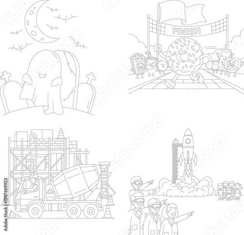 Diverse coloring book fun: halloween night, race track, construction site, and rocket launch, concrete mixer, race car