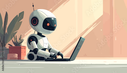 A cute white robot with red accents sitting at a desk and typing on a laptop computer in a bright room.