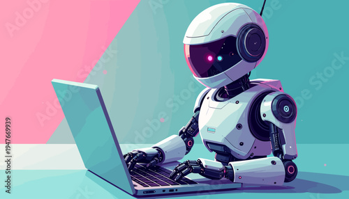 A futuristic white robot with a glowing purple visor diligently typing on a silver laptop against a vibrant pink and teal background.