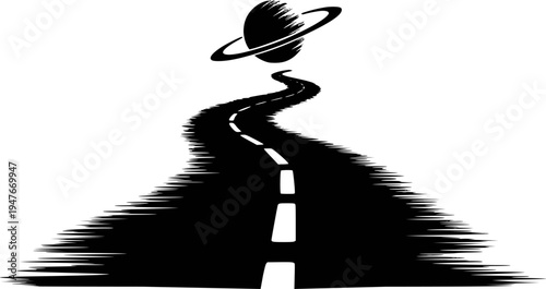 Winding black road with white dashed lines leading to a stylized planet with rings