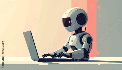 A white humanoid robot with a dark screen face is diligently typing on a laptop computer at a desk, symbolizing artificial intelligence at work.
