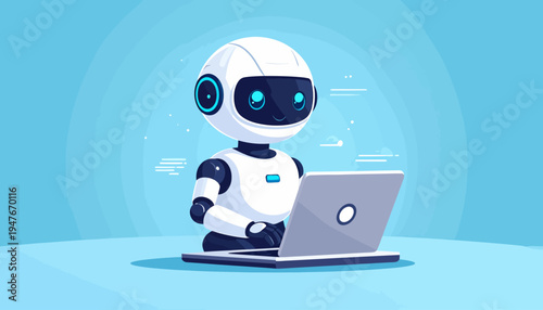 A friendly white robot with blue accents diligently working on a silver laptop against a light blue background.
