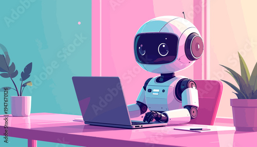 A cute white robot with a friendly face working on a laptop at a pink desk in a modern, colorful office setting.