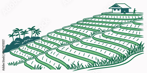 A green illustration of a vineyard with rows of vines and a house Vector