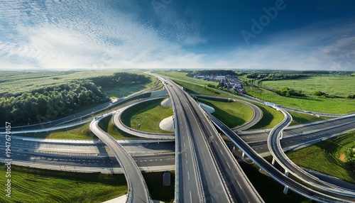 aerial top view of multilevel empty junction ring road in sunny summer day