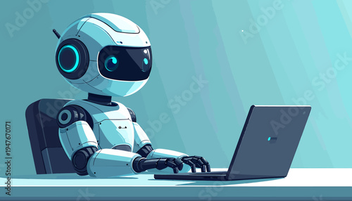 A cute, futuristic robot with glowing blue accents typing on a laptop at a desk.
