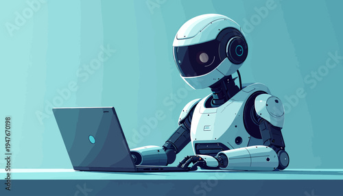 A white and black robot with a sleek design is sitting at a desk and actively typing on a laptop computer.