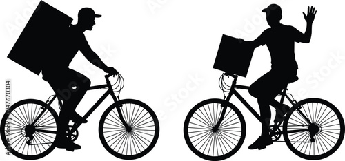 delivery cyclist silhouette, courier riding bicycle, food delivery service, bike messenger transport, urban delivery worker, package courier concept
