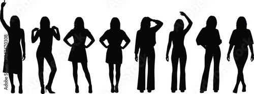 Set of diverse female silhouettes standing posing confident women figures isolated on white background fashion style body shapes collection vector