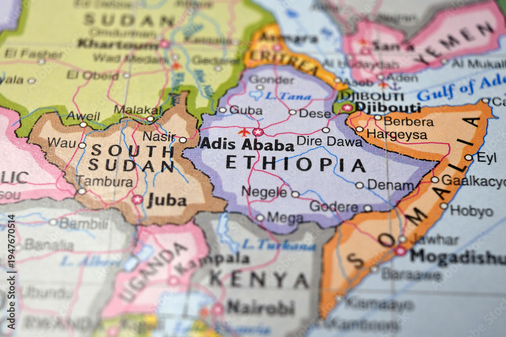 Naklejka premium Ethiopia on World Map Close Up Macro Defocused Background Geographic Image