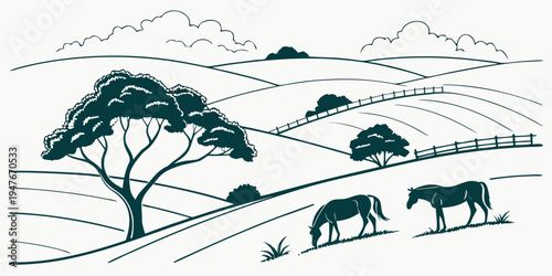 Two horses grazing in a field with trees Vector