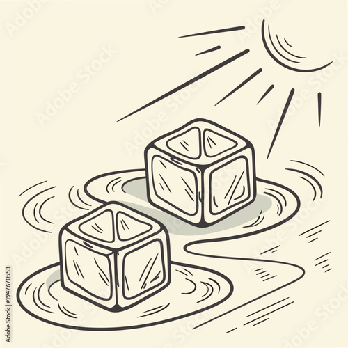 Two ice cubes melting on plates Vector