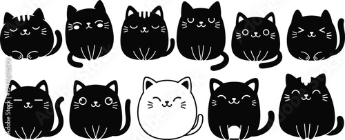 Cute cat silhouette collection featuring round black and white kitten characters with different facial expressions isolated on white background for nursery design