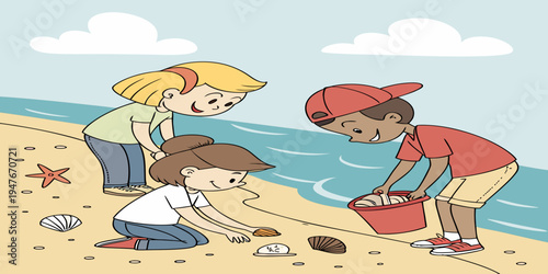Three children playing on a beach Vector